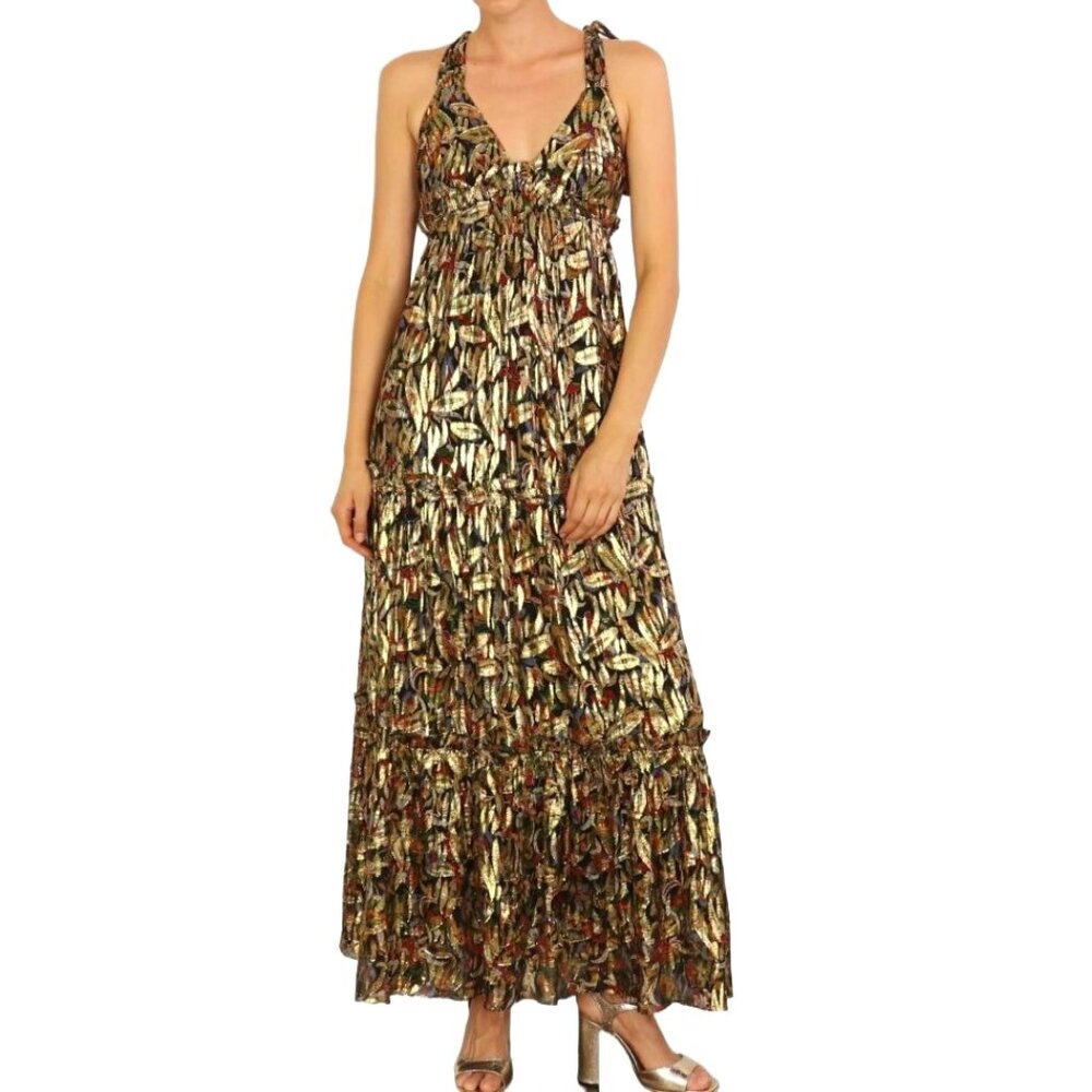 Sezane Graziella Metallic Gold Botanical Print Maxi Dress Size EU 46 / US 14 NWT